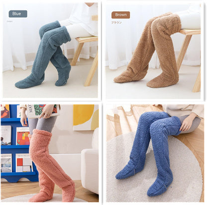 Four images showing different colored knee-high socks on a person sitting on a chair.