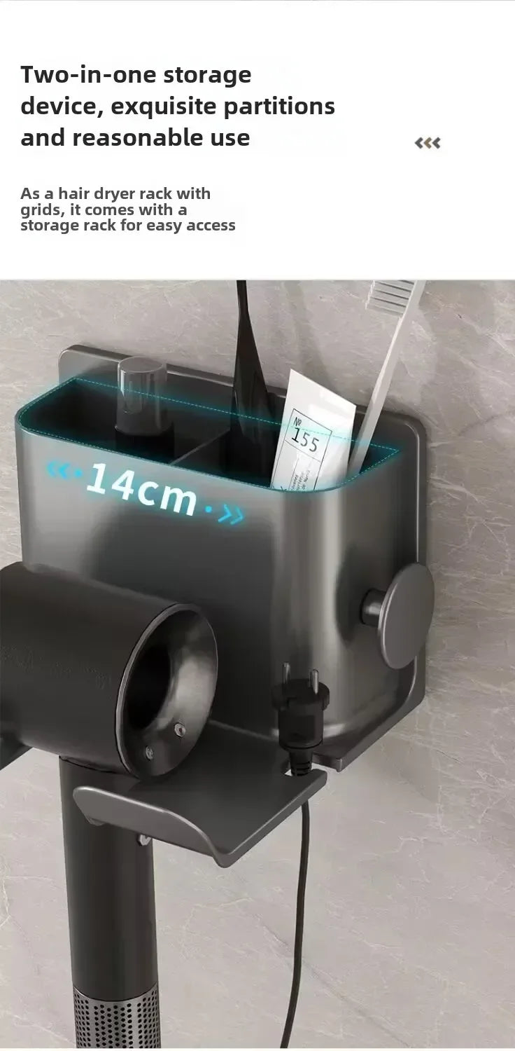 Space-saving hair dryer holder for hotel bathrooms