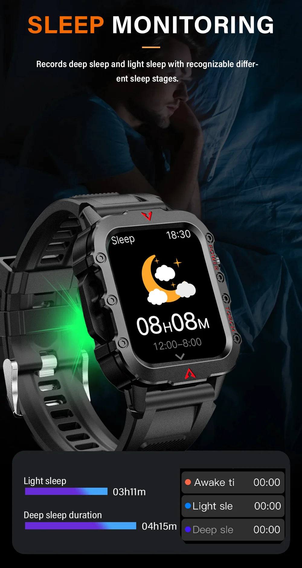 Men's smart watch with led flashlight
