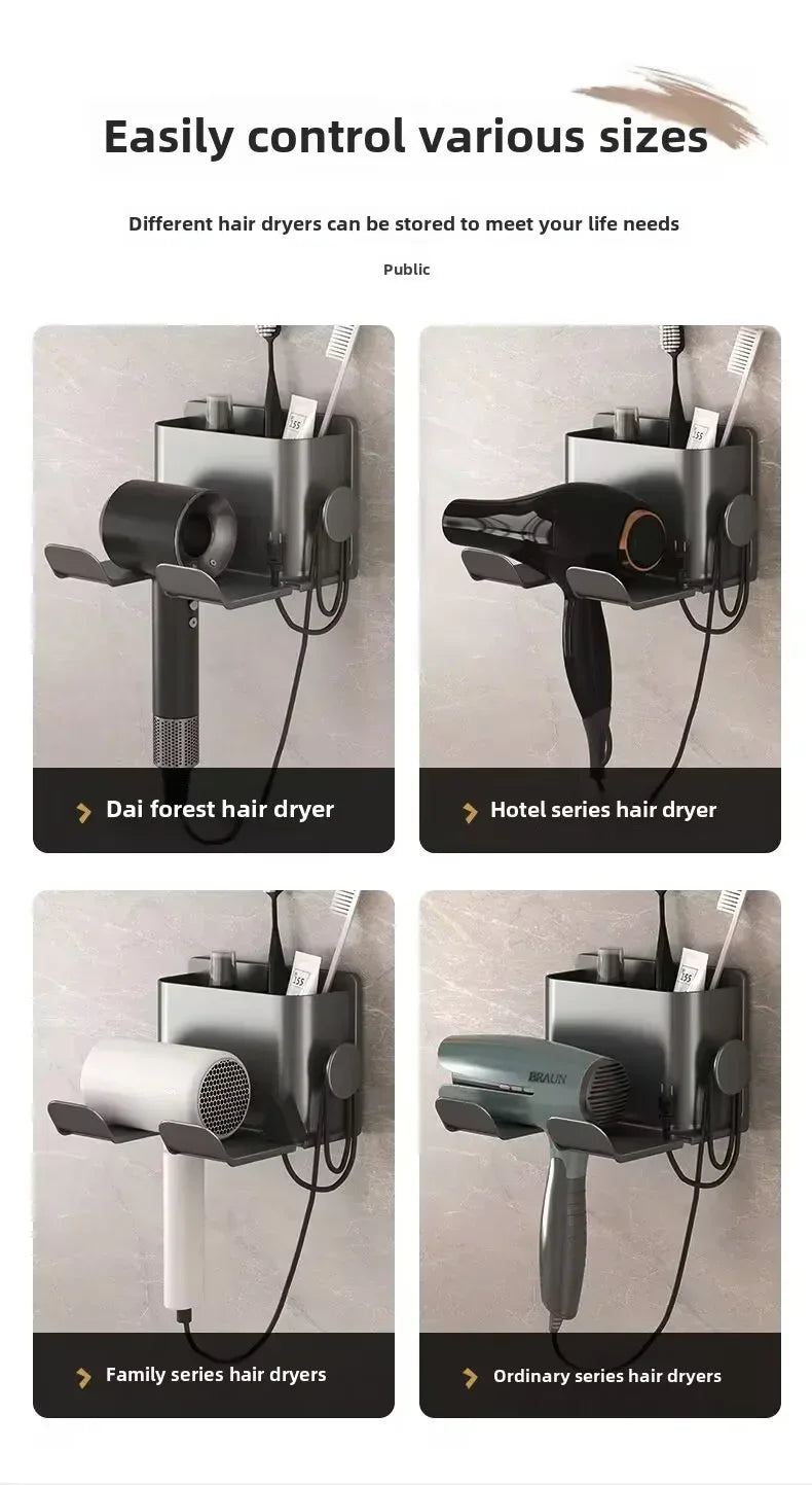 Adhesive mounted hair dryer rack with high load capacity
