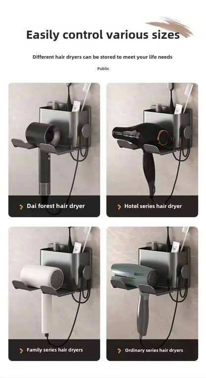 Adhesive mounted hair dryer rack with high load capacity
