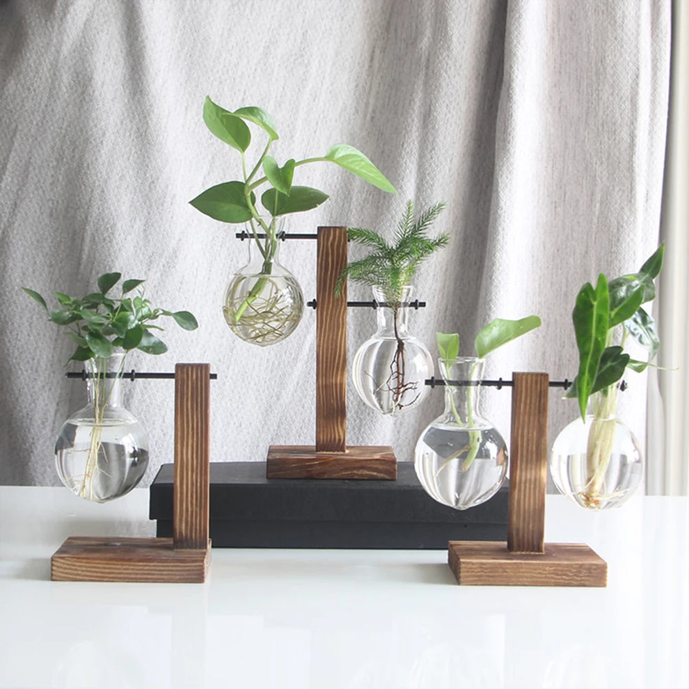 wooden plant stand tabletop - Home - Garden - Planters - Pots - Glass bulb tabletop planter with wooden stand