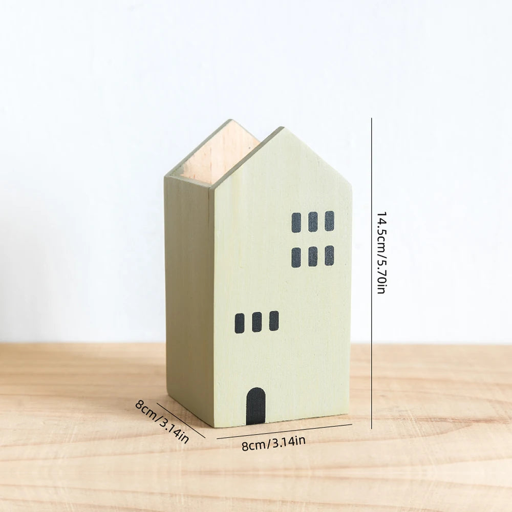 Cartoon house wooden pen holder for desk