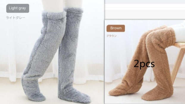 Two pairs of fuzzy knee-high socks, one gray and one brown, on a white background.