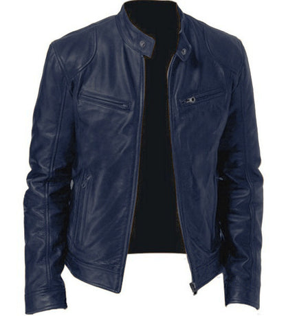 Blue leather jacket on a white background