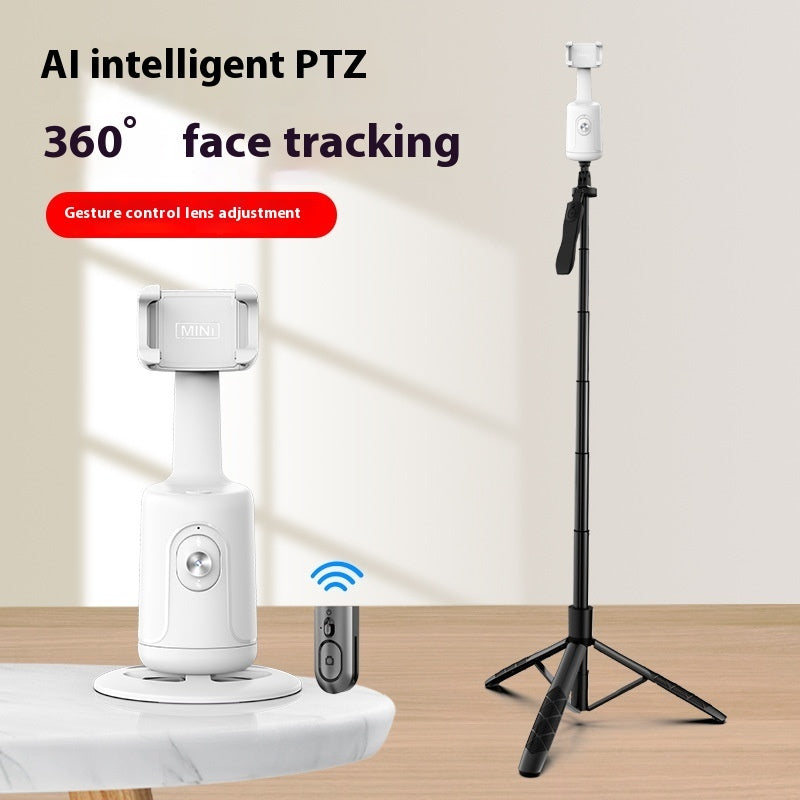 AI intelligent PTZ camera with tripod on a wooden surface AI rotation camera stand with gesture control