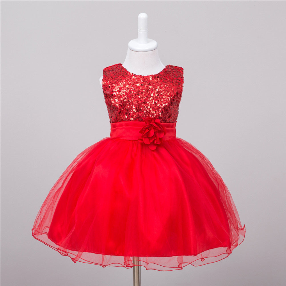Red sequin dress with a flower detail Rose Red Girls Party Gown