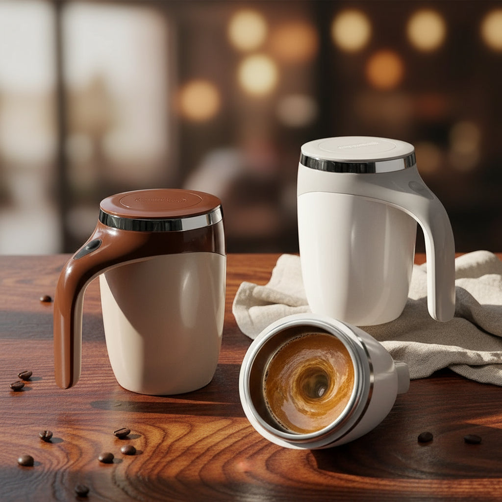 White and brown smart electric mug with automatic stirring feature for coffee from top 3