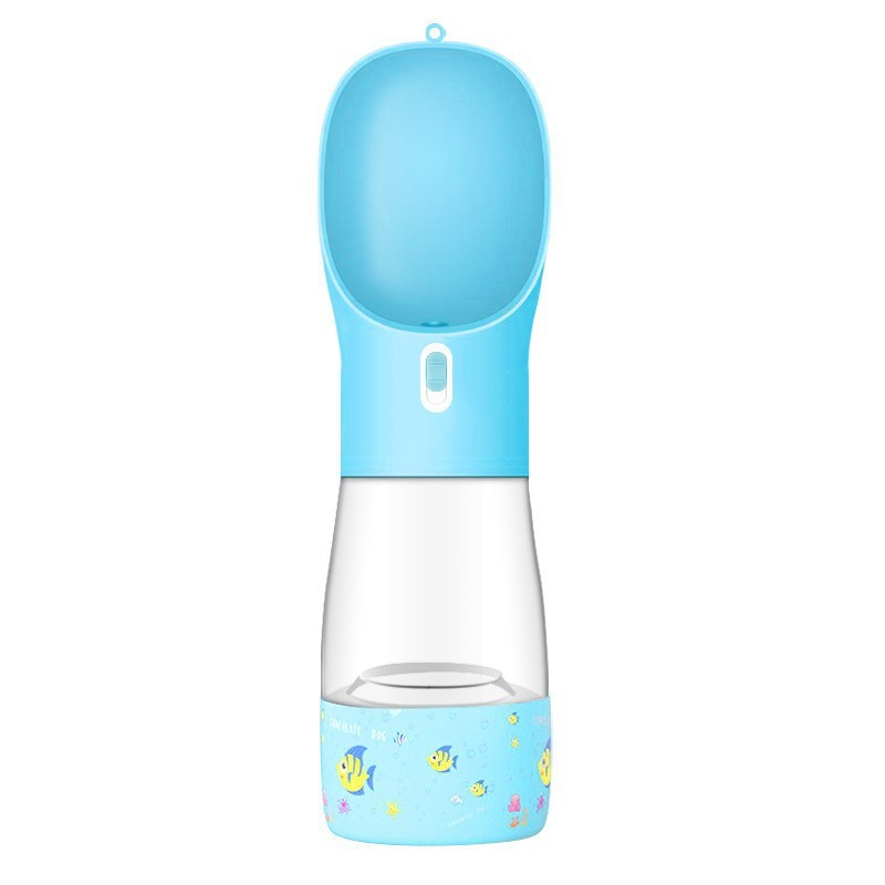Blue pet water bottle with fish design on a white background